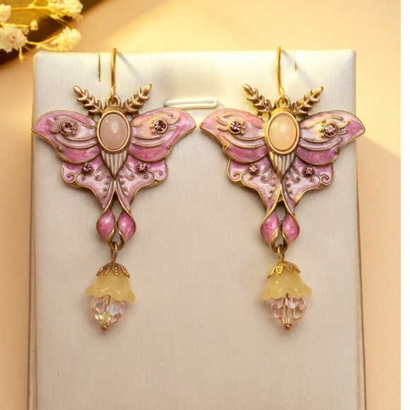 Luxe Gold Tone Rhinestone Floral Butterfly Drop Earrings - Picture 3 of 6